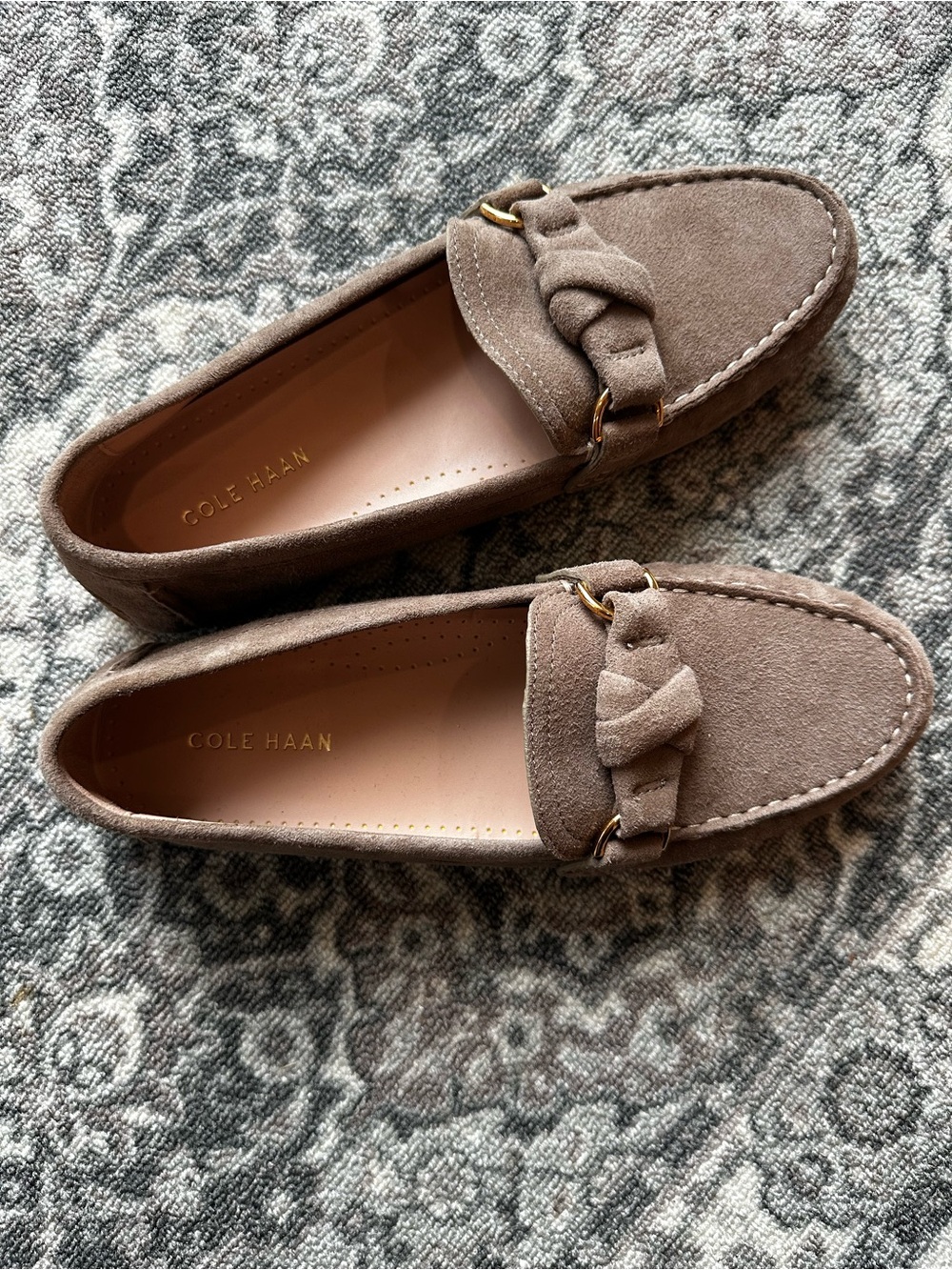 Cole Haan Taupe Suede Braided Vamp Loafers